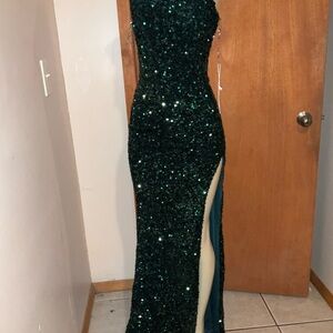 Emerald Green Embellished One Shoulder Gown with Slit